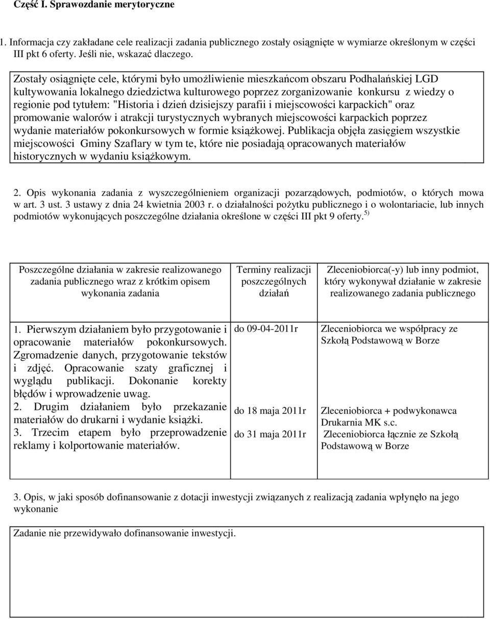 tytułem: "Historia i dzień dzisiejszy parafii i miejscowości karpackich" oraz promowanie walorów i atrakcji turystycznych wybranych miejscowości karpackich poprzez wydanie materiałów pokonkursowych w