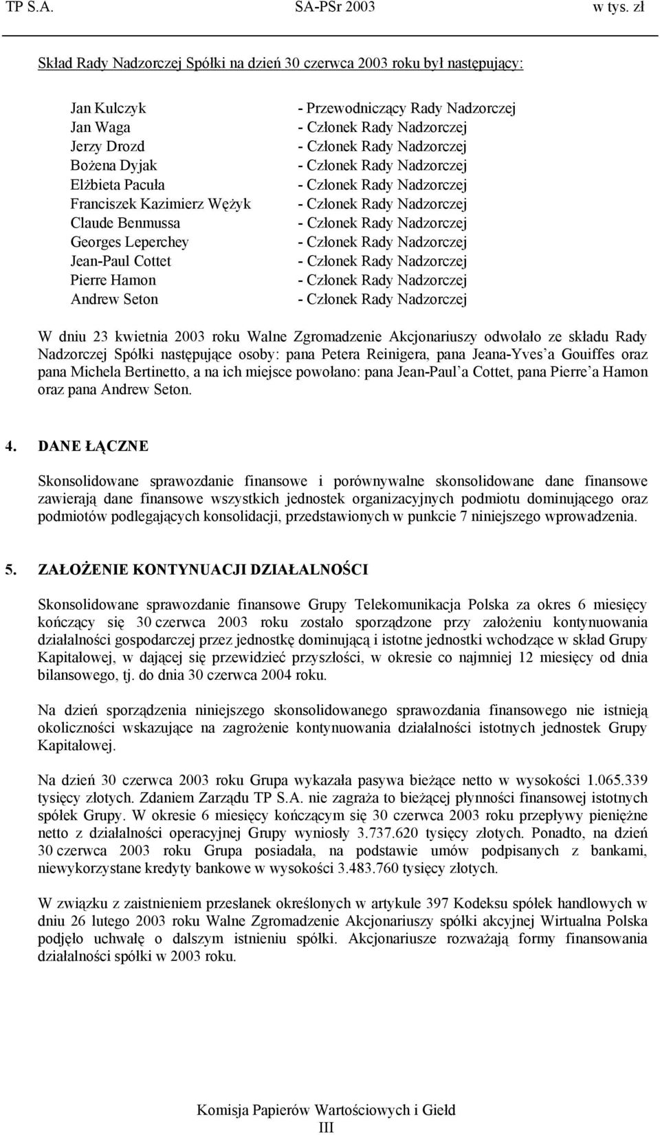 Leperchey Jean-Paul Cottet Pierre Hamon Andrew Seton - Przewodniczący Rady Nadzorczej - Członek Rady Nadzorczej - Członek Rady Nadzorczej - Członek Rady Nadzorczej - Członek Rady Nadzorczej - Członek