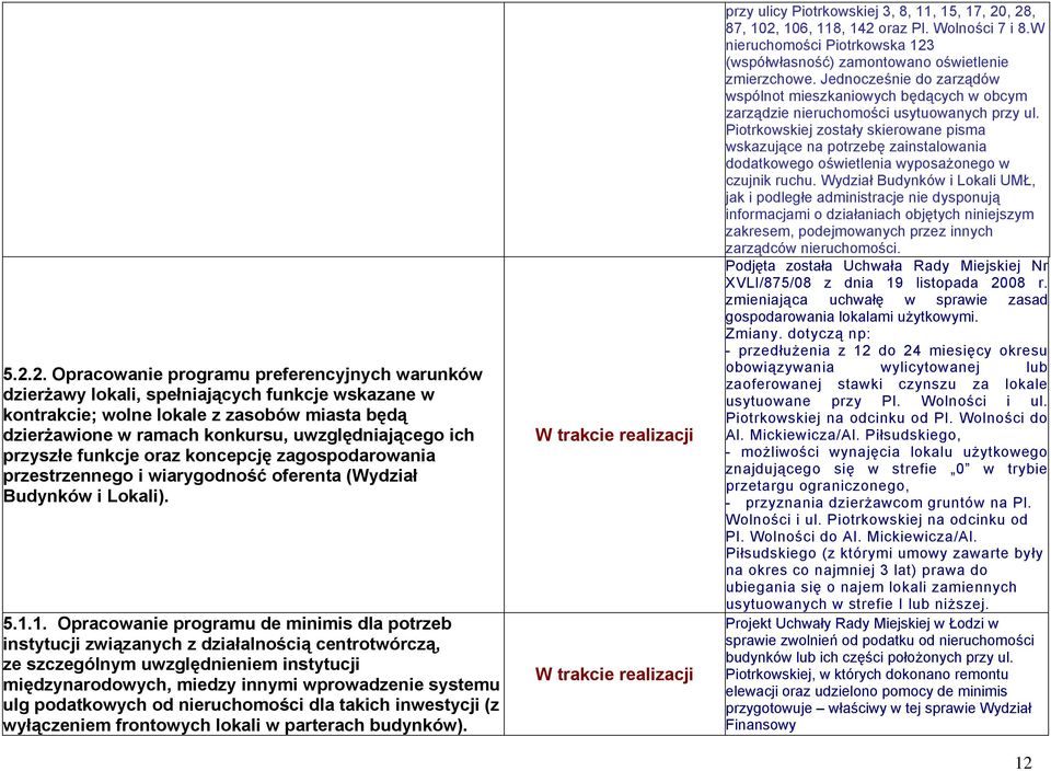 1. Opracowanie programu de minimis dla potrzeb instytucji związanych z działalnością centrotwórczą, ze szczególnym uwzględnieniem instytucji międzynarodowych, miedzy innymi wprowadzenie systemu ulg