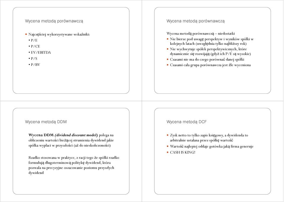 spółki Czasami cała grupa porównawcza jest źle wyceniona Wycena metodą DDM Wycena metodą DCF Wycena DDM (dividend discount model) polega na obliczeniu wartości bieżącej strumienia dywidend jakie