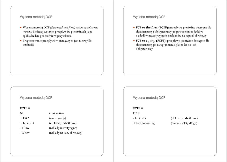 !! FCF to the firm (FCFF): przepływy pieniężne dostępne dla akcjonariuszy i obligatariuszy po potrąceniu podatków, nakładów inwestycyjnych i nakładów na kapitał obrotowy FCF to equity (FCFE):