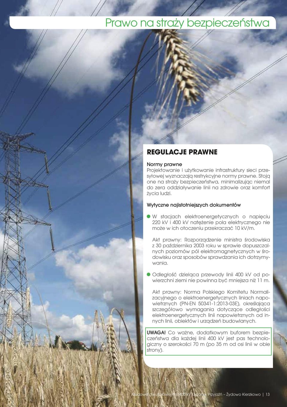 Wytyczne najistotniejszych dokumentów W stacjach elektroenergetycznych o napięciu 220 kv i 400 kv natężenie pola elektrycznego nie może w ich otoczeniu przekraczać 10 kv/m.