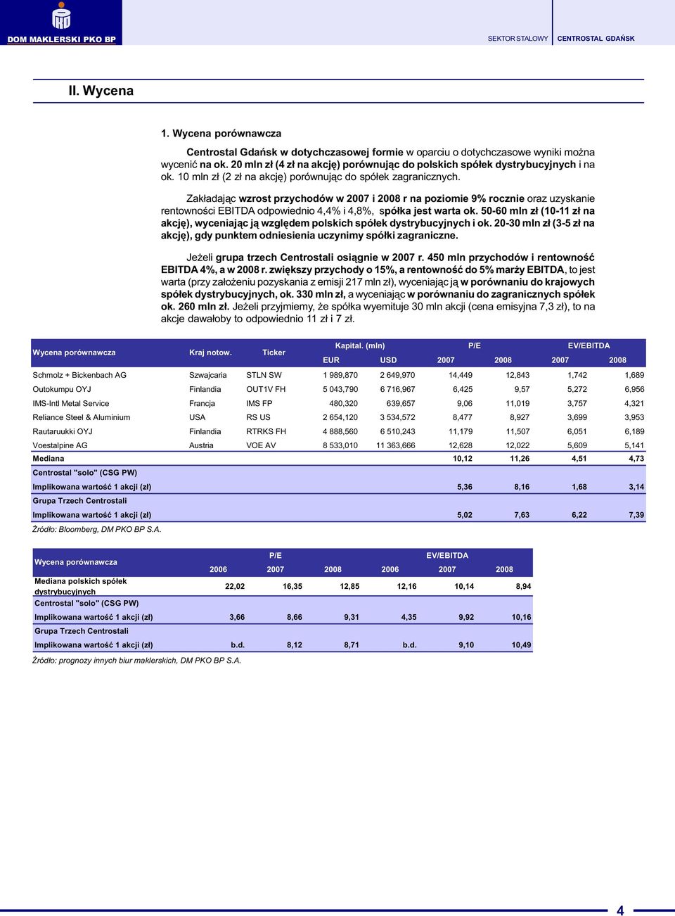 Zak³adaj¹c wzrost przychodów w 2007 i 2008 r na poziomie 9% rocznie oraz uzyskanie rentownoœci EBITDA odpowiednio 4,4% i 4,8%, spó³ka jest warta ok.