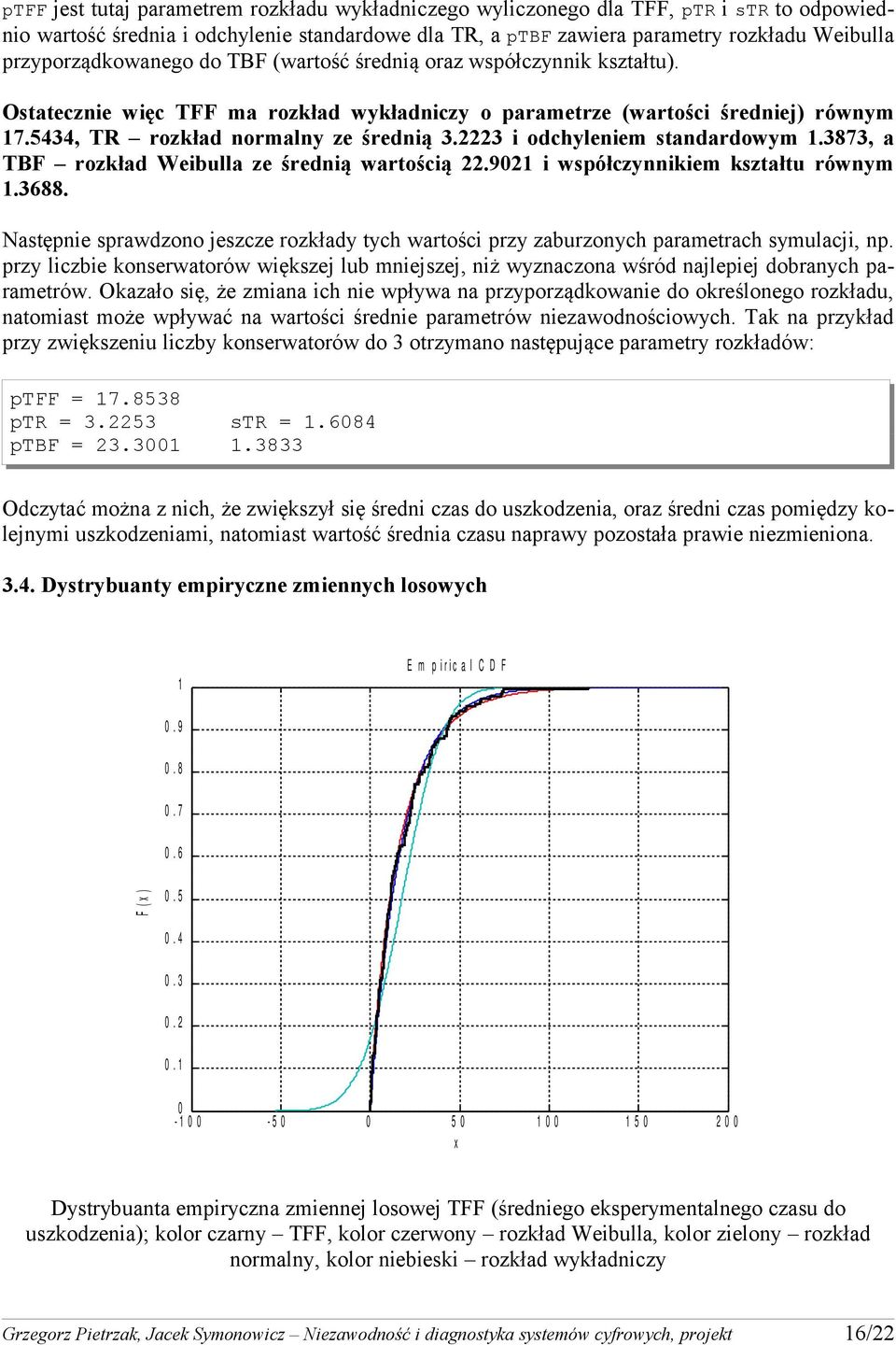 2223 i odchyleniem standardowym 1.3873, a TBF rozkład Weibulla ze średnią wartością 22.9021 i współczynnikiem kształtu równym 1.3688.