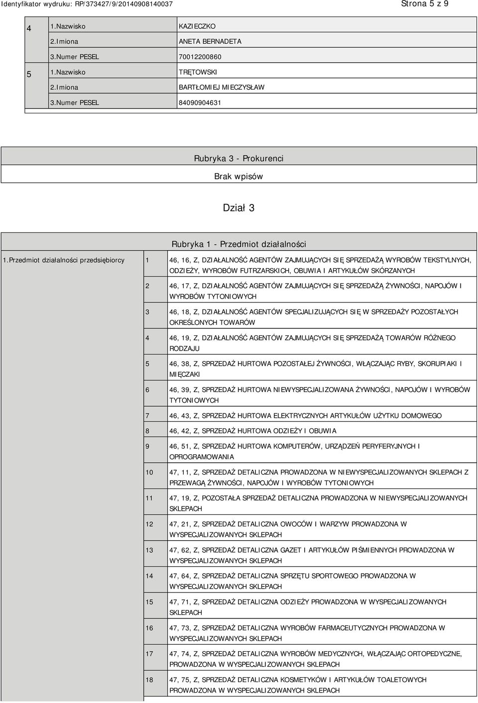 Przedmiot działalności przedsiębiorcy 1 46, 16, Z, DZIAŁALNOŚĆ AGENTÓW ZAJMUJĄCYCH SIĘ SPRZEDAŻĄ WYROBÓW TEKSTYLNYCH, ODZIEŻY, WYROBÓW FUTRZARSKICH, OBUWIA I ARTYKUŁÓW SKÓRZANYCH 2 46, 17, Z,