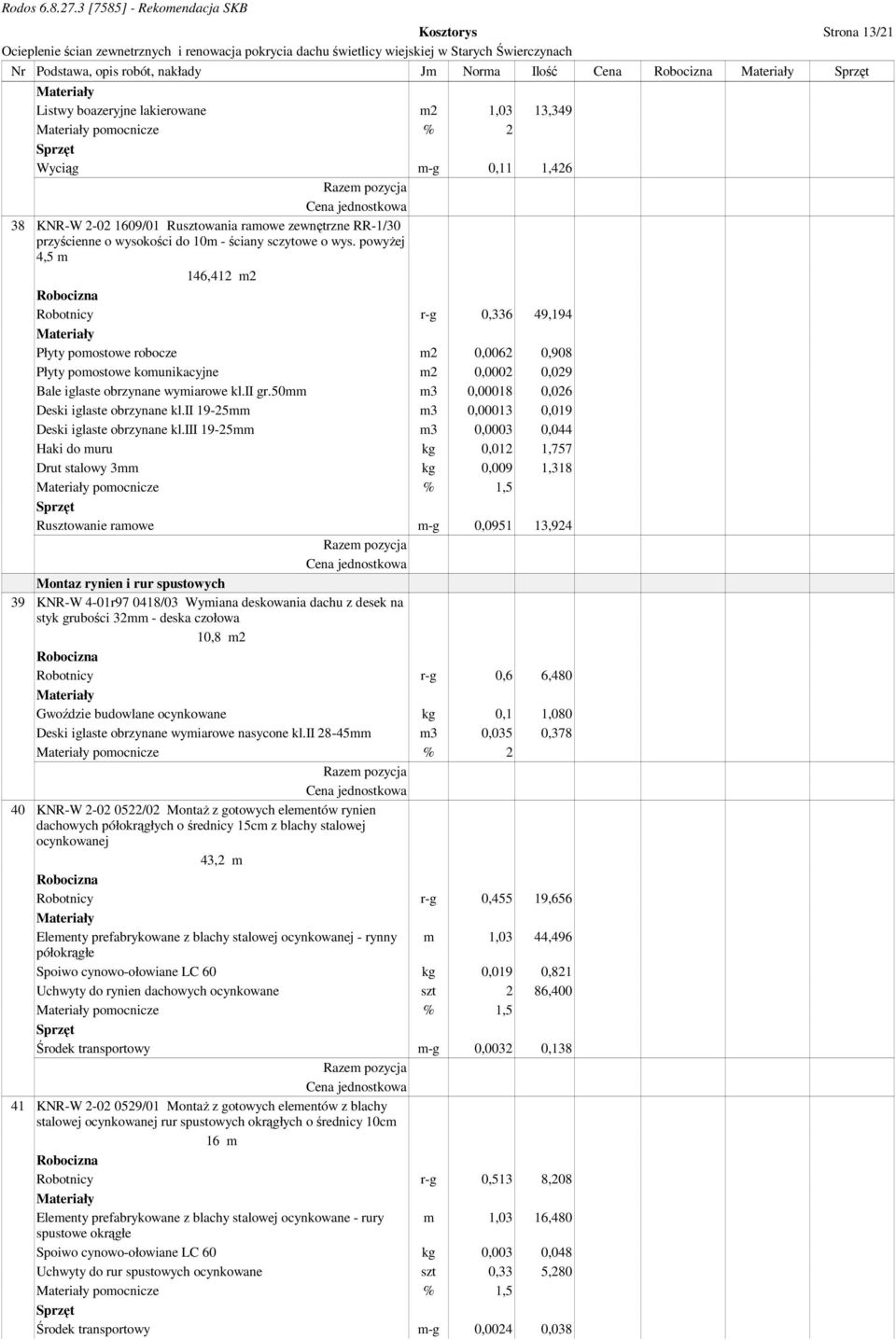 powyŝej 4,5 m 146,412 m2 Robotnicy r-g 0,336 49,194 Płyty pomostowe robocze m2 0,0062 0,908 Płyty pomostowe komunikacyjne m2 0,0002 0,029 Bale iglaste obrzynane wymiarowe kl.ii gr.