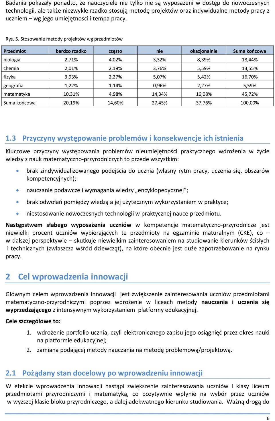 Stosowanie metody projektów wg przedmiotów Przedmiot bardzo rzadko często nie okazjonalnie Suma końcowa biologia 2,71% 4,02% 3,32% 8,39% 18,44% chemia 2,01% 2,19% 3,76% 5,59% 13,55% fizyka 3,93%