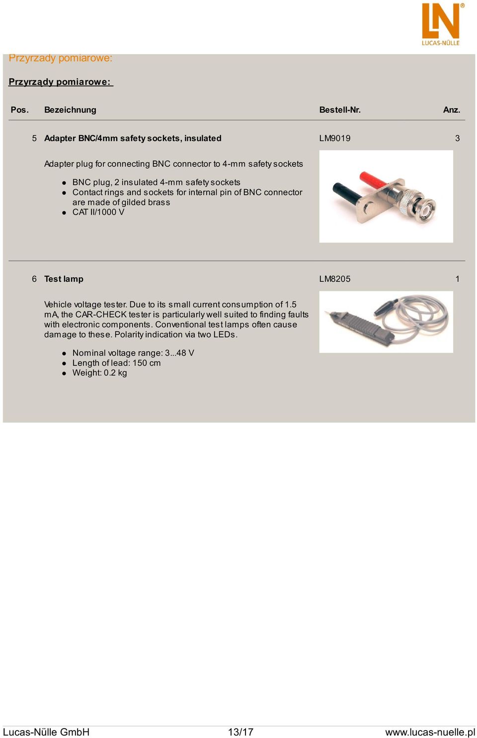 sockets for internal pin of BNC connector are made of gilded brass CAT II/1000 V 6 Test lamp LM8205 1 Vehicle voltage tester. Due to its small current consumption of 1.