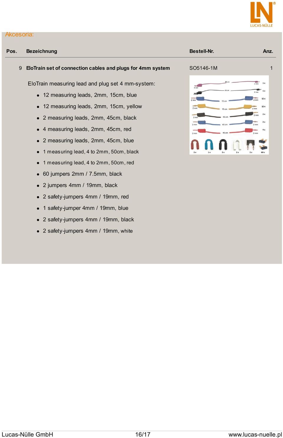 measuring leads, 2mm, 15cm, yellow 2 measuring leads, 2mm, 45cm, black 4 measuring leads, 2mm, 45cm, red 2 measuring leads, 2mm, 45cm, blue 1 measuring lead, 4 to