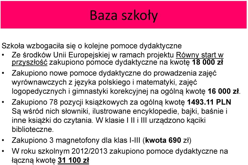 16 000 zł. Zakupiono 78 pozycji książkowych za ogólną kwotę 1493.11 PLN Są wśród nich słowniki, ilustrowane encyklopedie, bajki, baśnie i inne książki do czytania.