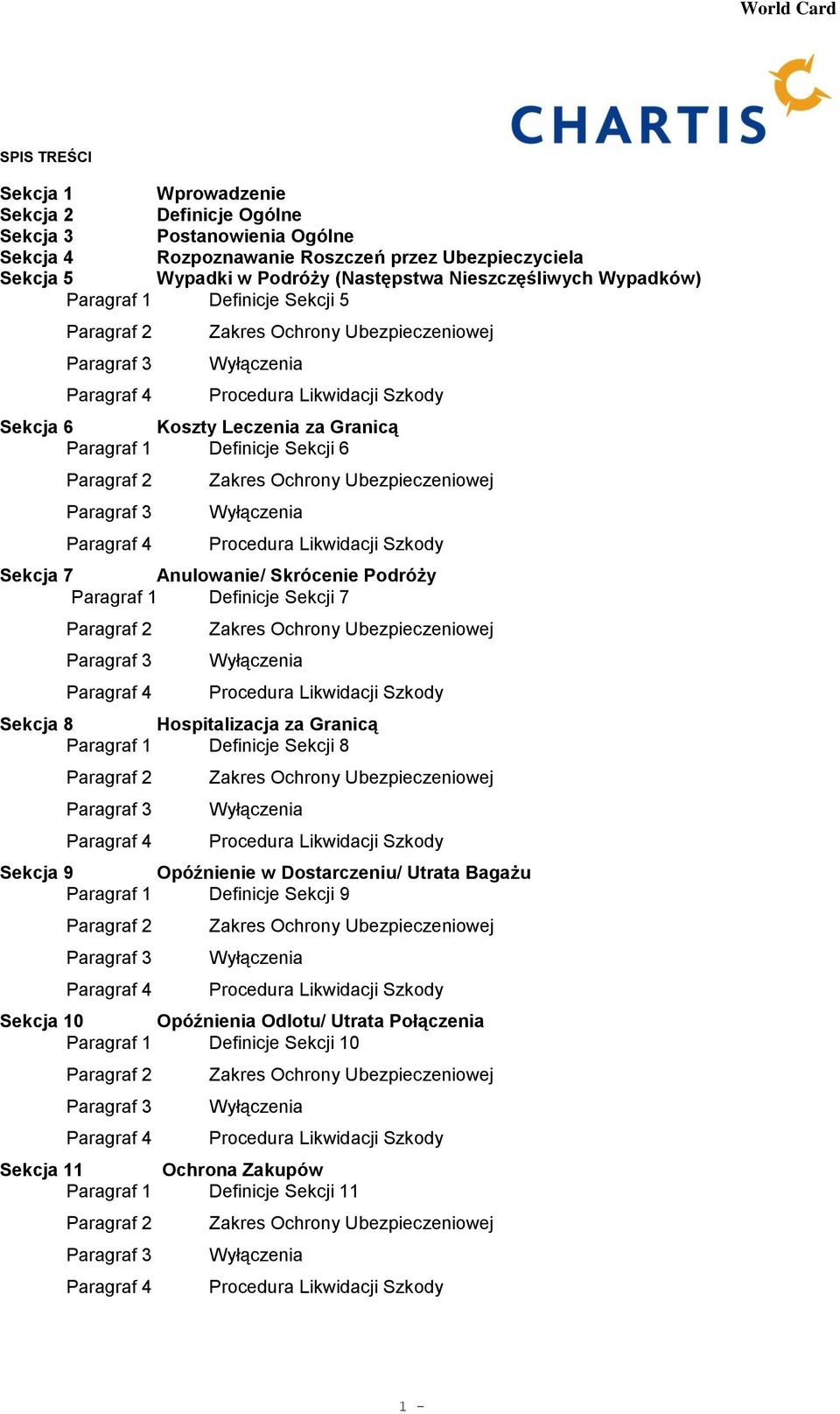 Paragraf 1 Definicje Sekcji 6 Paragraf 2 Zakres Ochrony Ubezpieczeniowej Paragraf 3 Wyłączenia Paragraf 4 Procedura Likwidacji Szkody Sekcja 7 Anulowanie/ Skrócenie Podróży Paragraf 1 Definicje