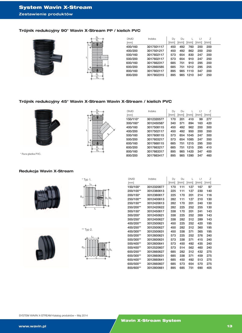 Trójnik redukcyjny 45 Wavin X-Stream Wavin X-Stream / kielich PVC 1 * Rura gładka PVC.