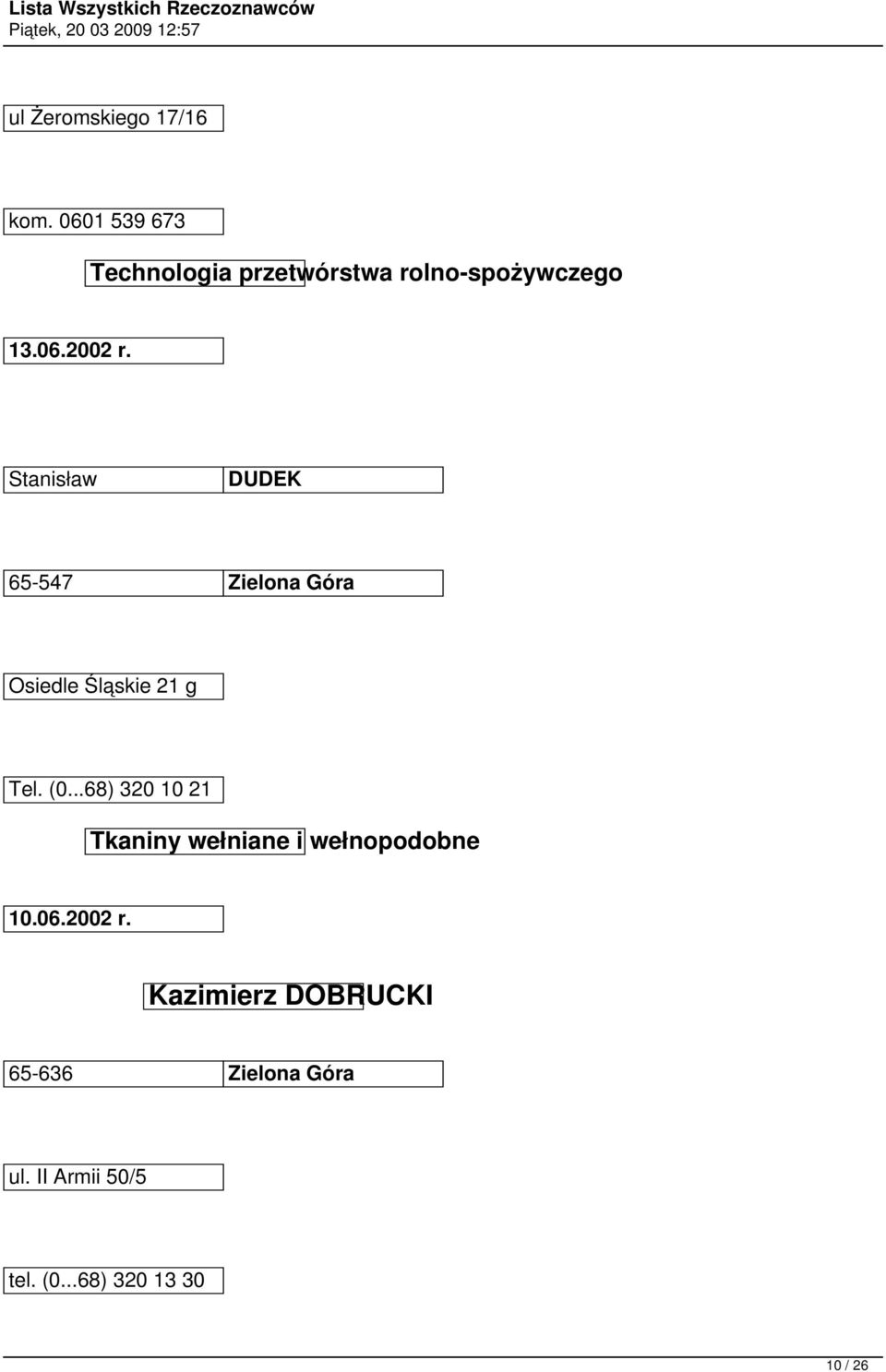 Stanisław DUDEK 65-547 Zielona Góra Osiedle Śląskie 21 g Tel. (0.