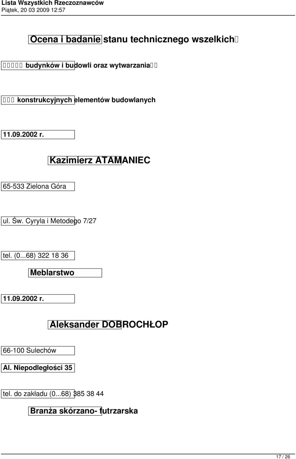 Św. Cyryla i Metodego 7/27 tel. (0...68) 322 18 36 Meblarstwo 11.09.2002 r.