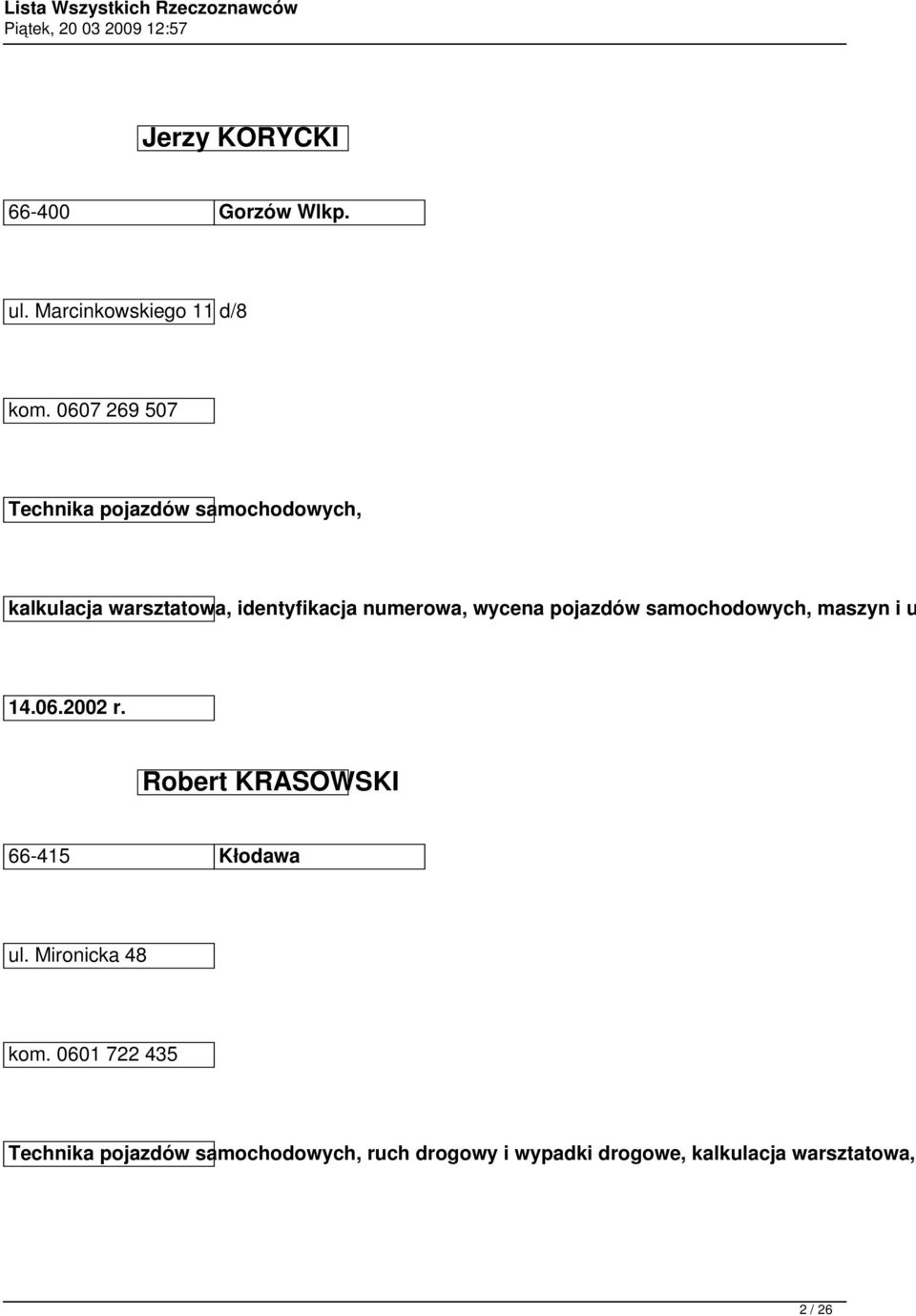 wycena pojazdów samochodowych, maszyn i u 14.06.2002 r. Robert KRASOWSKI 66-415 Kłodawa ul.