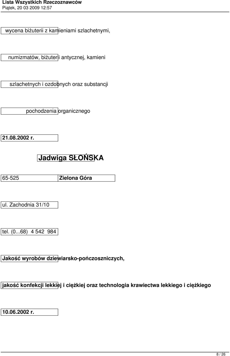 Jadwiga SŁOŃSKA 65-525 Zielona Góra ul. Zachodnia 31/10 tel. (0.