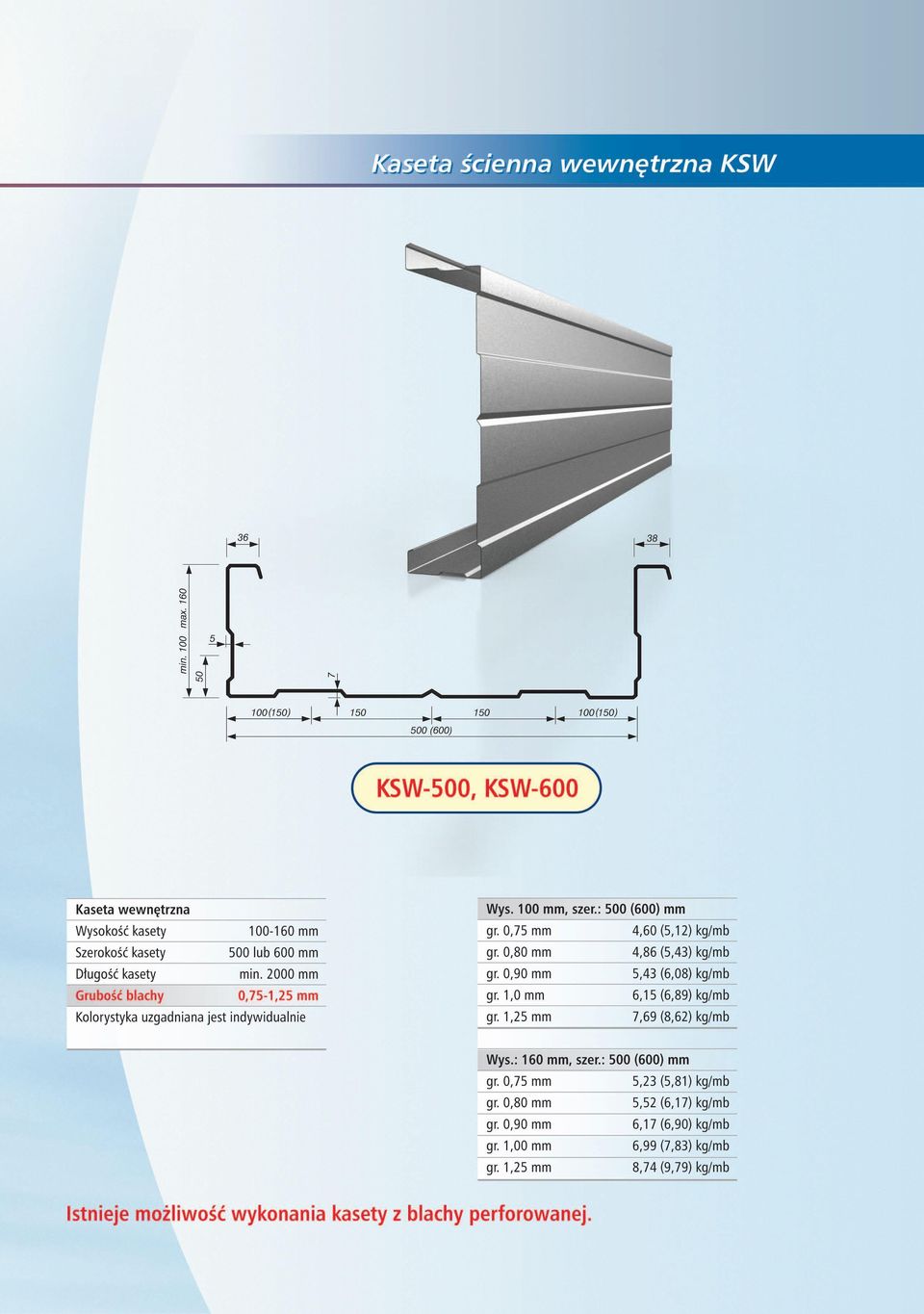 0,80 mm 4,86 (5,43) kg/mb gr. 0,90 mm 5,43 (6,08) kg/mb gr. 1,0 mm 6,15 (6,89) kg/mb gr. 1,25 mm 7,69 (8,62) kg/mb Wys.: 160 mm, szer. : 500 (600) mm gr.