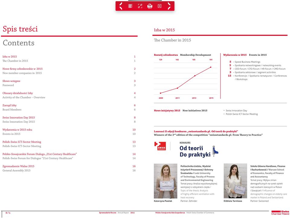 segment activities Konferencje / Spotkania tematyczne / Conferences / Workshops Obszary działalności Izby 4 Activity of the Chamber Overview 4 2009 2011 2013 2015 Zarząd Izby 6 Board Members 6 Swiss