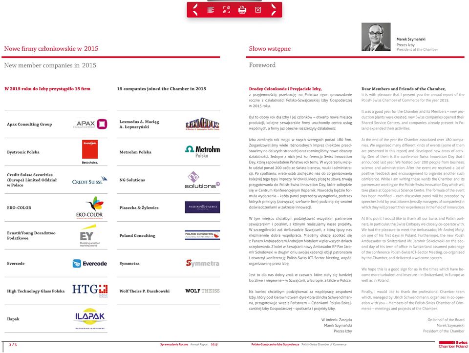 annual report of the roczne z działalności Polsko-Szwajcarskiej Izby Gospodarczej Polish-Swiss Chamber of Commerce for the year 2015. w 2015 roku.