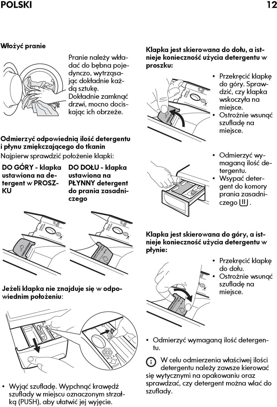 detergent do prania zasadniczego Klapka jest skierowana do dołu, a istnieje konieczność użycia detergentu w proszku: Przekręcić klapkę do góry. Sprawdzić, czy klapka wskoczyła na miejsce.