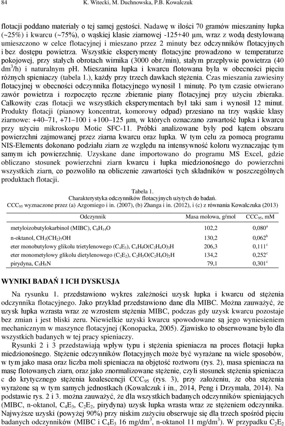 odczynników flotacyjnych i bez dostępu powietrza. Wszystkie eksperymenty flotacyjne prowadzono w temperaturze pokojowej, przy stałych obrotach wirnika (3 obr.