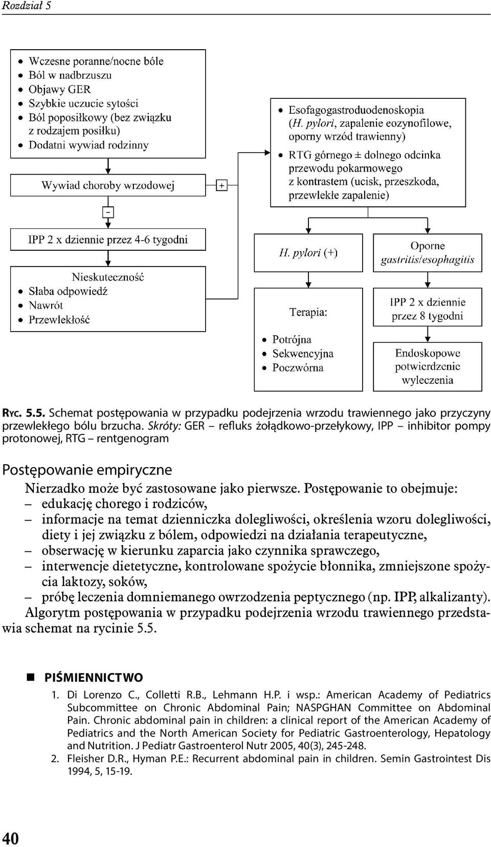 Postępowanie to obejmuje: edukację chorego i rodziców, informacje na temat dzienniczka dolegliwości, określenia wzoru dolegliwości, diety i jej związku z bólem, odpowiedzi na działania terapeutyczne,