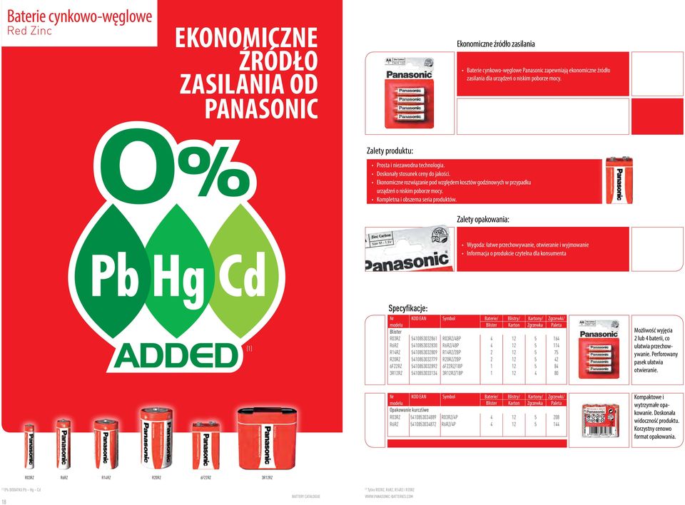 Baterie cynkowo-węglowe Panasonic zapewniają ekonomiczne źródło zasilania dla urządzeń o niskim poborze mocy. Prosta i niezawodna technologia. Doskonały stosunek ceny do jakości.