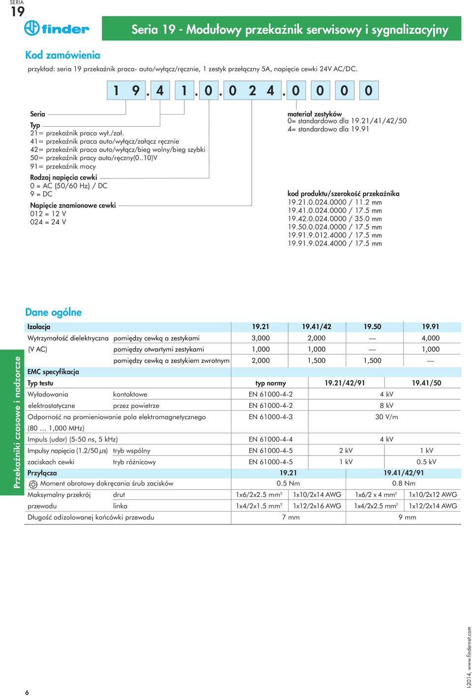 .10)v 91= przekaênik mocy Rodzaj napi cia cewki 0 = AC (50/60 Hz) / DC 9 = DC Napi cie znamionowe cewki 012 = 12 V 0 = V materiał zestyków 0= standardowo dla.21/41/42/50 4= standardowo dla.