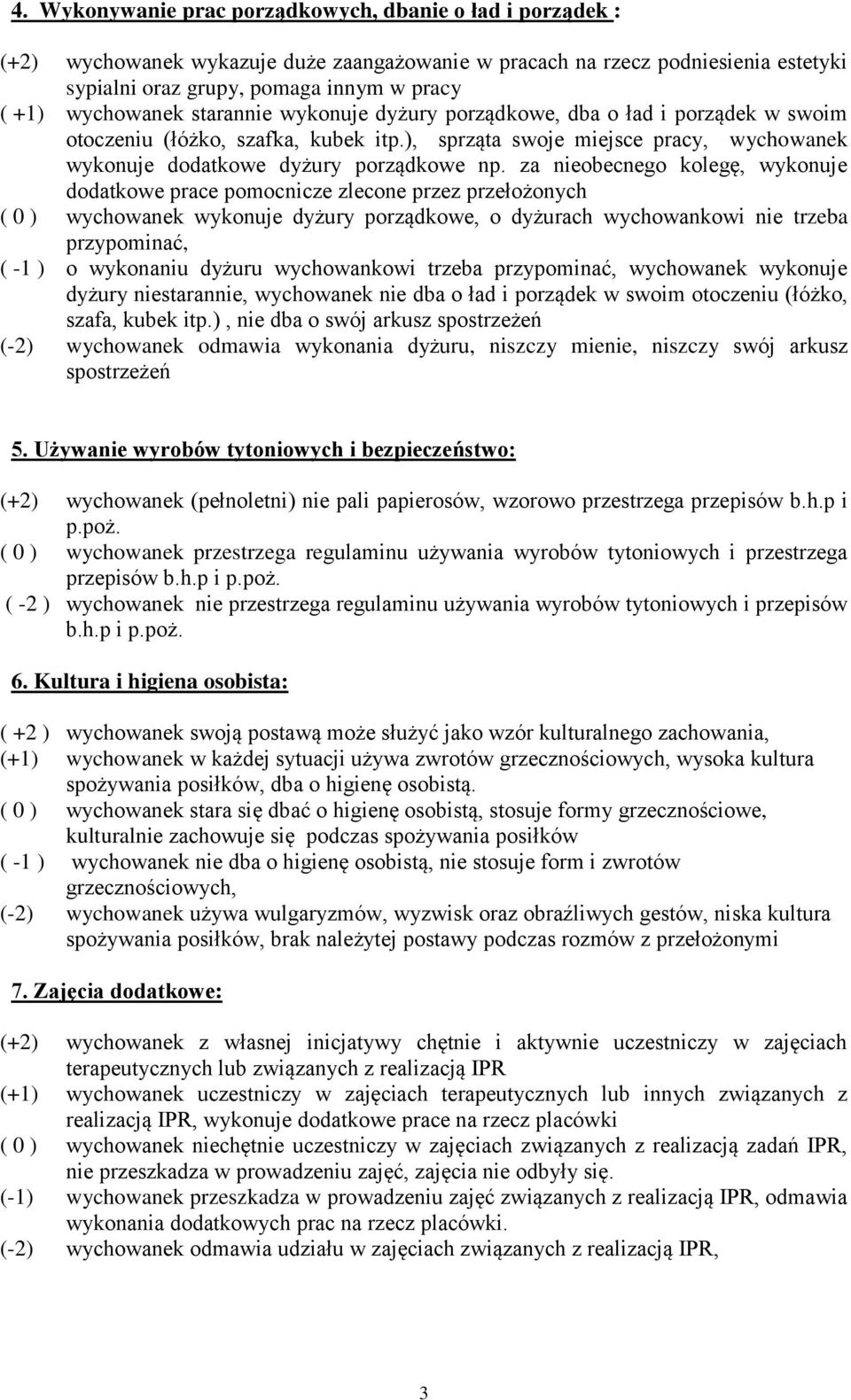 za nieobecnego kolegę, wykonuje dodatkowe prace pomocnicze zlecone przez przełożonych ( 0 ) wychowanek wykonuje dyżury porządkowe, o dyżurach wychowankowi nie trzeba przypominać, ( -1 ) o wykonaniu