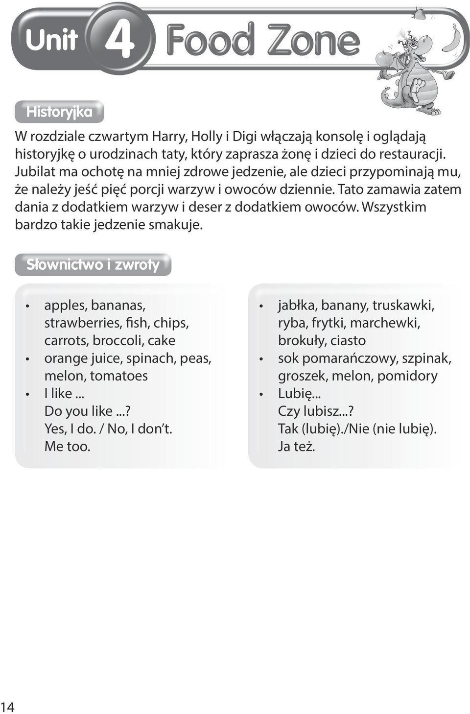 Wszystkim bardzo takie jedzenie smakuje. Słownictwo i zwroty apples, bananas, strawberries, fish, chips, carrots, broccoli, cake orange juice, spinach, peas, melon, tomatoes I like... Do you like.