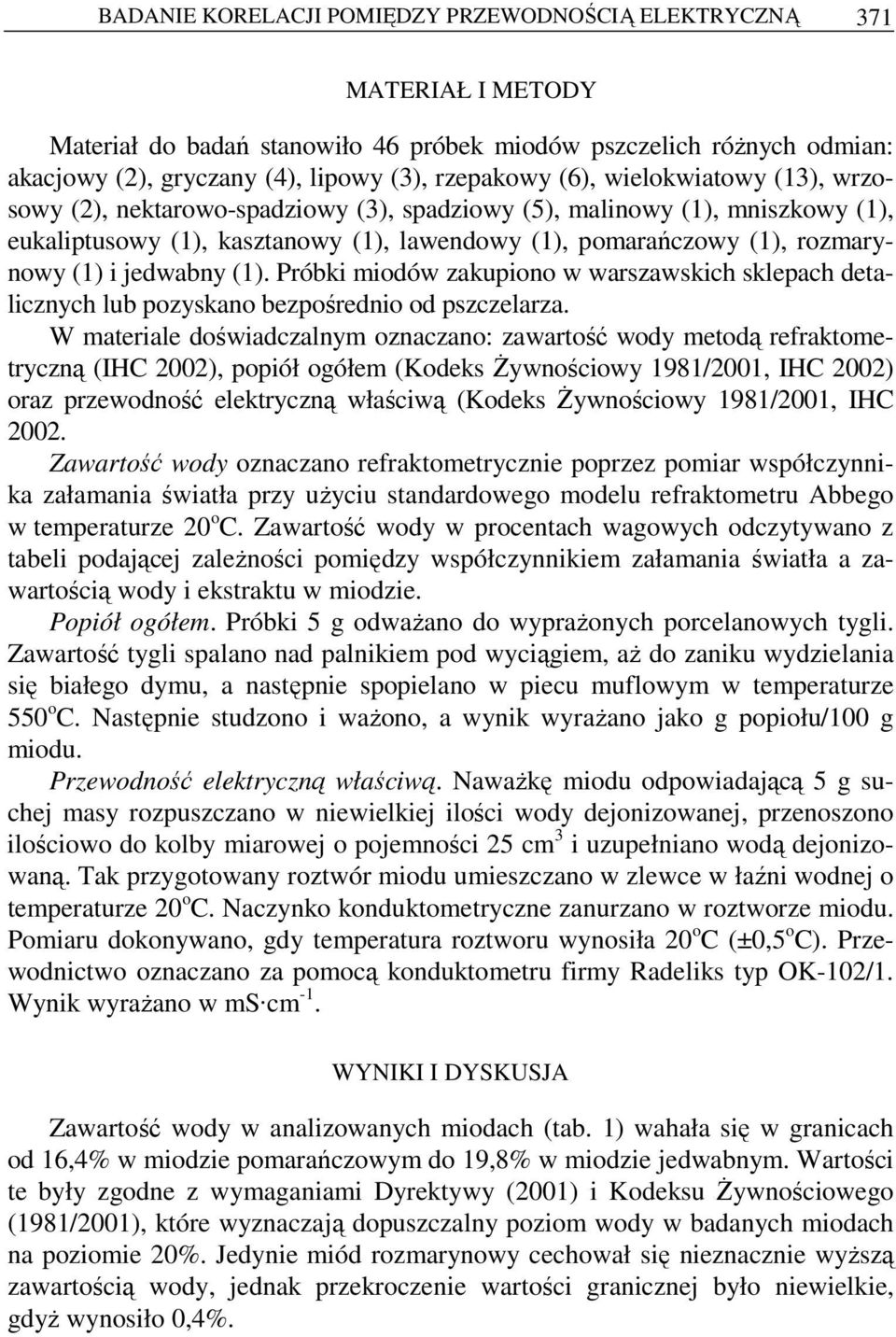 jedwabny (1). Próbki miodów zakupiono w warszawskich sklepach detalicznych lub pozyskano bezpośrednio od pszczelarza.