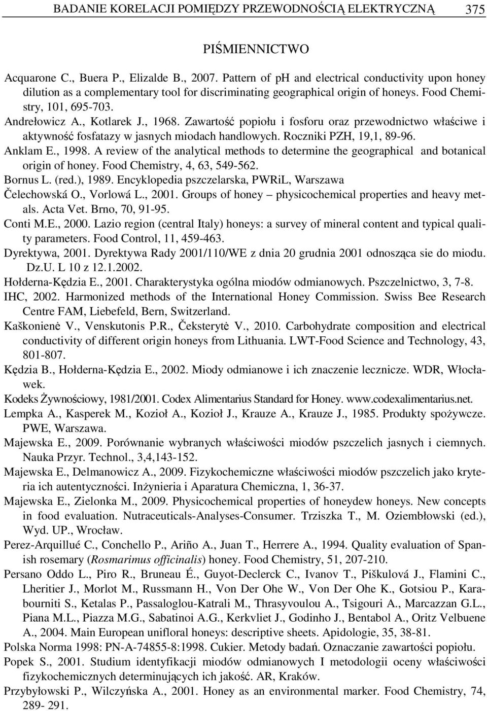 Zawartość popiołu i fosforu oraz przewodnictwo właściwe i aktywność fosfatazy w jasnych miodach handlowych. Roczniki PZH, 19,1, 89-96. Anklam E., 1998.