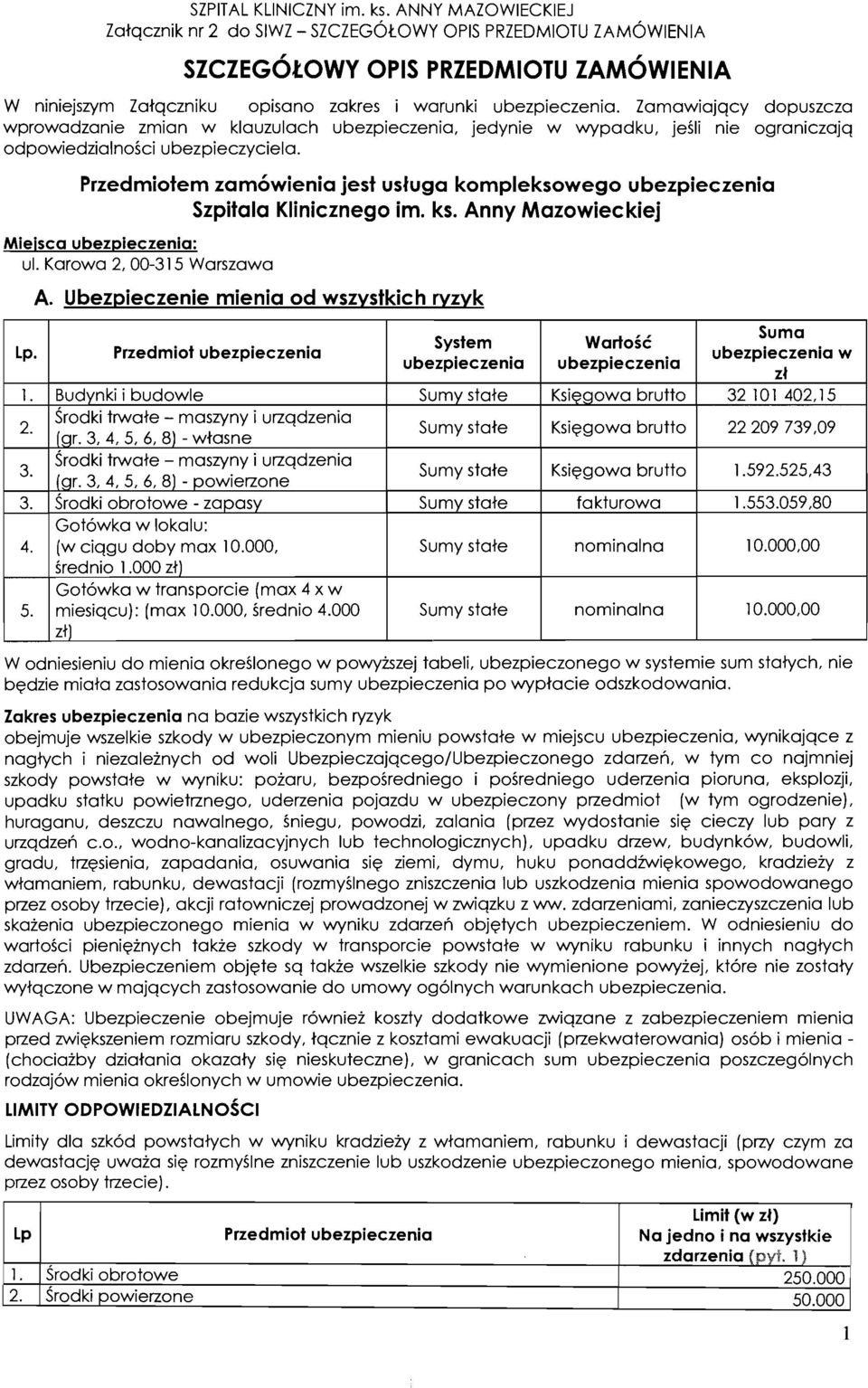 Przedmiotem zam6wienia jest usluga kompleksowego Szpitala Klinicznego im. ks. Anny Mazowiec kiej Mieisca : ul. Karowa 2, 00-31 5 Warszawa LP. 1. 2. 3' 3. 4. 5. A. Ubezpieczenie mienia od wszystkic h wzyk Przedmiot Budynki i budowle Srodki trwate - maszyny i urzqdzenia (gr.