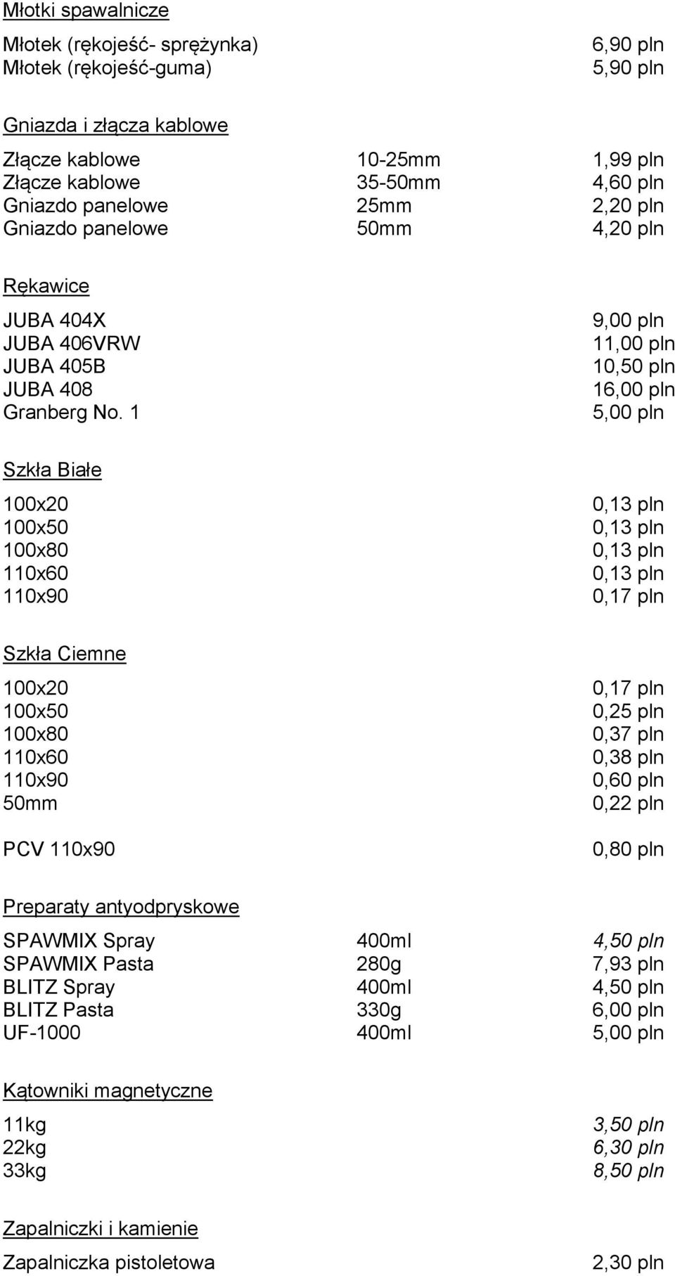 1 9,00 pln 11,00 pln 10,50 pln 16,00 pln 5,00 pln Szkła Białe 100x20 100x50 100x80 110x60 110x90 0,13 pln 0,13 pln 0,13 pln 0,13 pln 0,17 pln Szkła Ciemne 100x20 100x50 100x80 110x60 110x90 50mm PCV