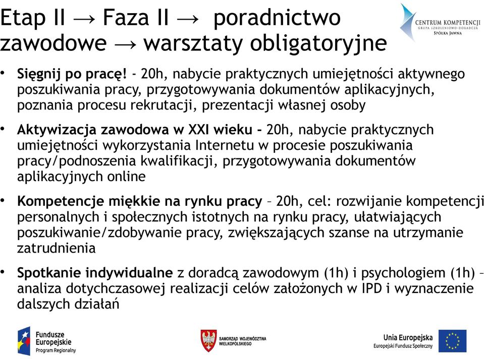 wieku - 20h, nabycie praktycznych umiejętności wykorzystania Internetu w procesie poszukiwania pracy/podnoszenia kwalifikacji, przygotowywania dokumentów aplikacyjnych online Kompetencje miękkie na