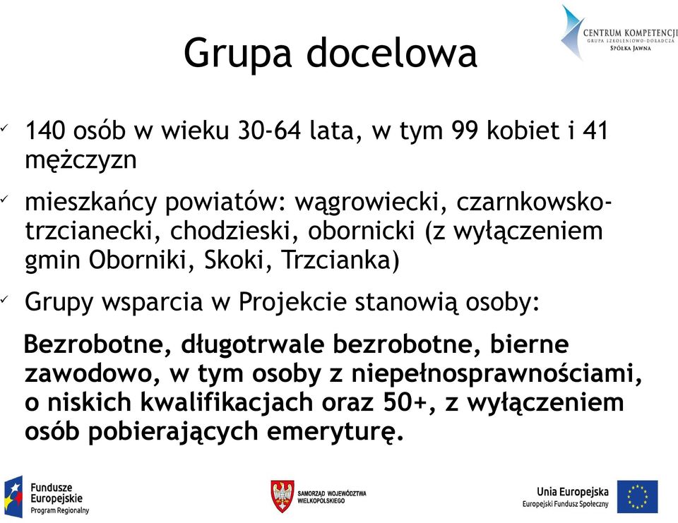 Trzcianka) Grupy wsparcia w Projekcie stanowią osoby: Bezrobotne, długotrwale bezrobotne, bierne