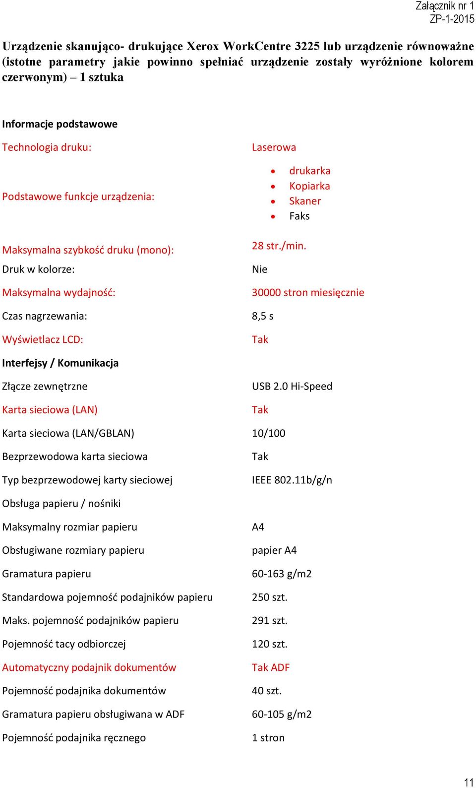 Wyświetlacz LCD: 28 str./min. Nie 30000 stron miesięcznie 8,5 s Tak Interfejsy / Komunikacja Złącze zewnętrzne Karta sieciowa (LAN) USB 2.