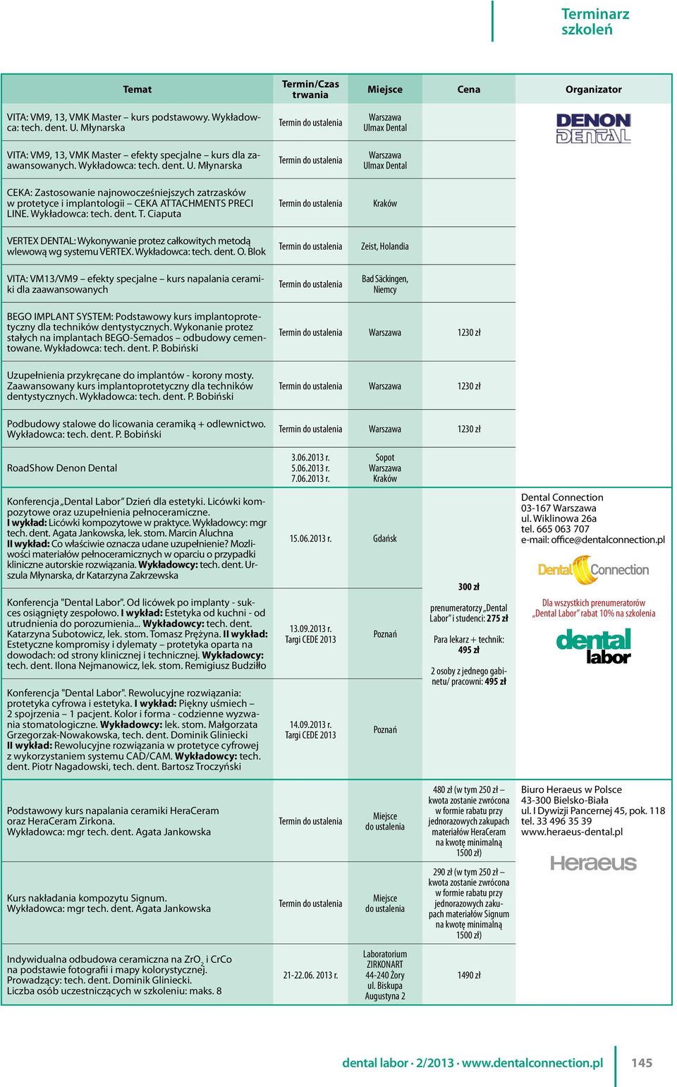 Blok VITA: VM13/VM9 efekty specjalne kurs napalania ceramiki dla zaawansowanych Zeist, Holandia Bad Säckingen, Niemcy BEGO IMPLANT SYSTEM: Podstawowy kurs implantoprotetyczny dla techników