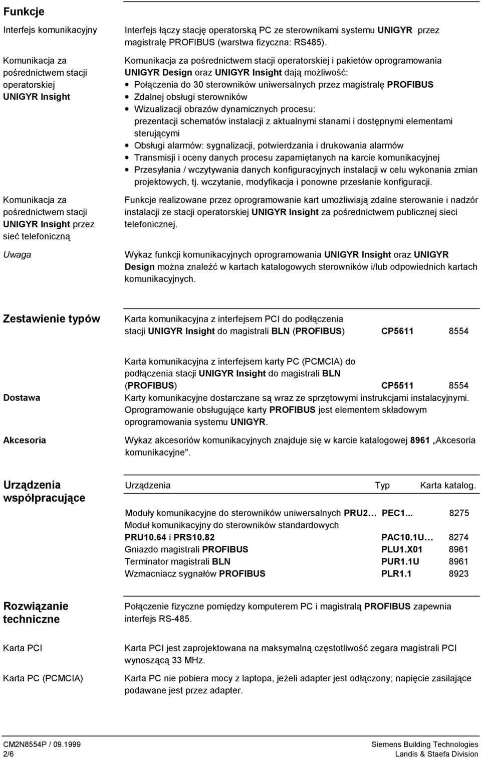 Komunikacja za pośrednictwem stacji operatorskiej i pakietów oprogramowania UNIGYR Design oraz UNIGYR Insight dają możliwość: Połączenia do 30 sterowników uniwersalnych przez magistralę PROFIBUS