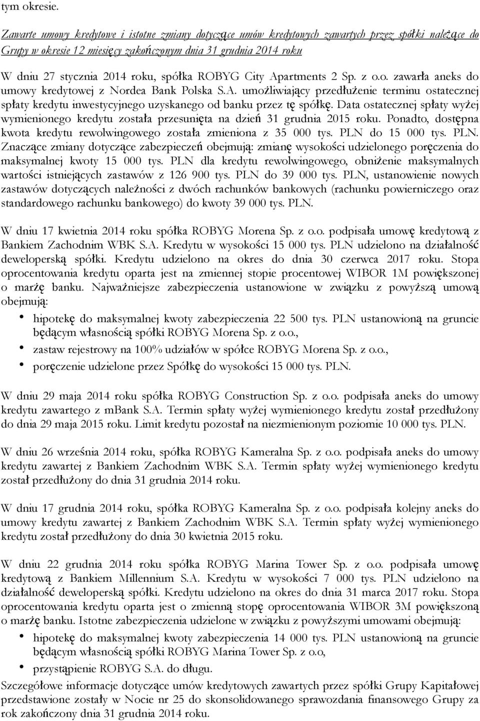 spółka ROBYG City Apartments 2 Sp. z o.o. zawarła aneks do umowy kredytowej z Nordea Bank Polska S.A. umożliwiający przedłużenie terminu ostatecznej spłaty kredytu inwestycyjnego uzyskanego od banku przez tę spółkę.