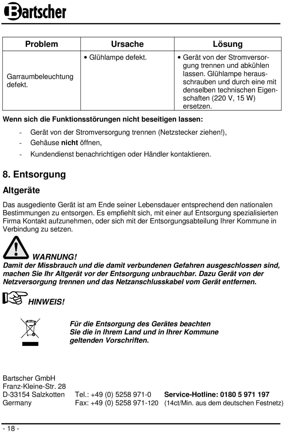 Glühlampe herausschrauben und durch eine mit denselben technischen Eigenschaften (220 V, 15 W) ersetzen.