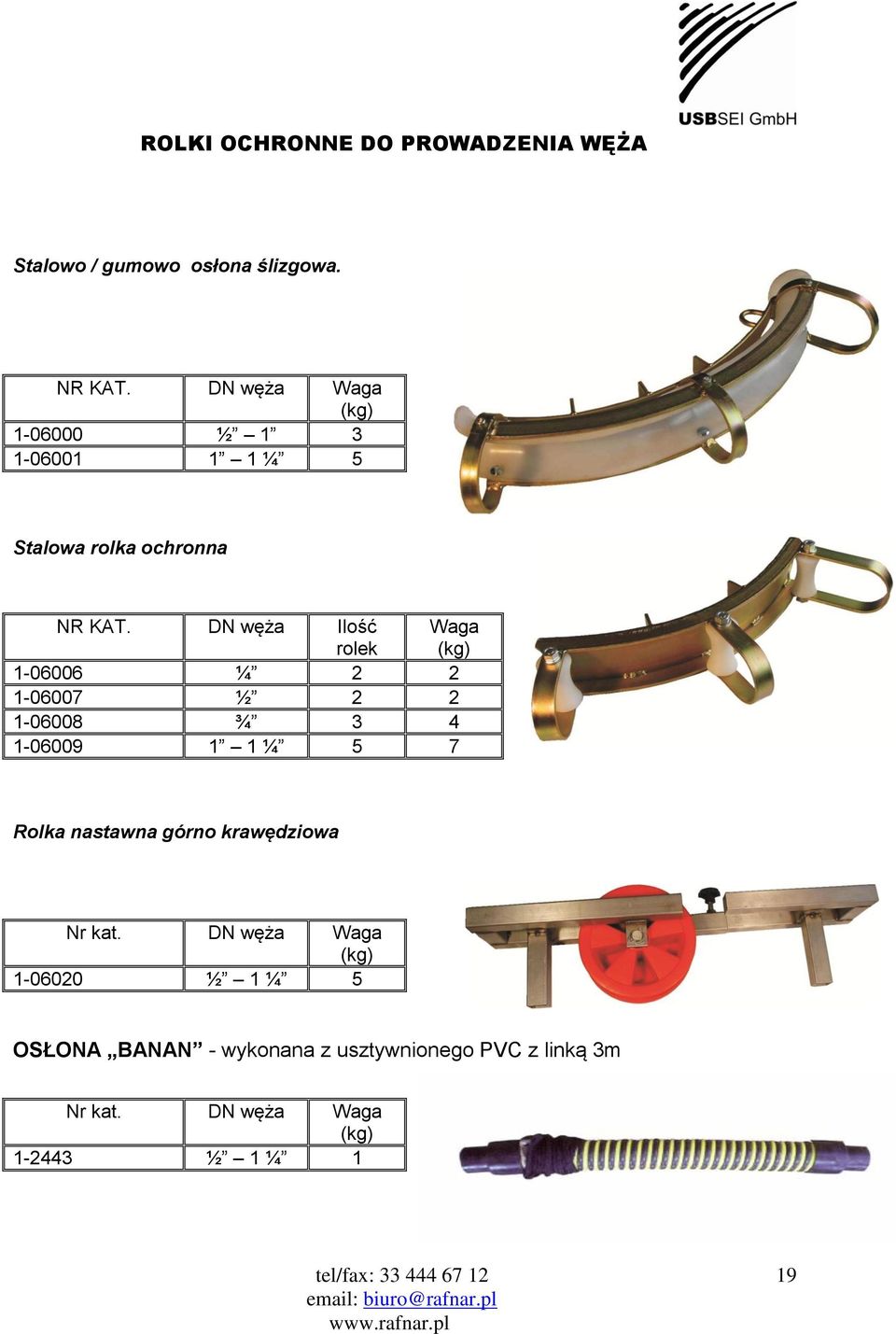 DN węża Ilość rolek Waga 1-06006 ¼ 2 2 1-06007 ½ 2 2 1-06008 ¾ 3 4 1-06009 1 1 ¼ 5 7 Rolka nastawna