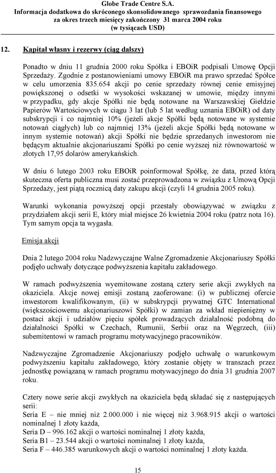 654 akcji po cenie sprzedaży równej cenie emisyjnej powiększonej o odsetki w wysokości wskazanej w umowie, między innymi w przypadku, gdy akcje Spółki nie będą notowane na Warszawskiej Giełdzie