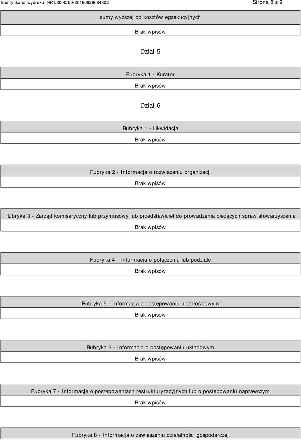4 - Informacja o połączeniu lub podziale Rubryka 5 - Informacja o postępowaniu upadłościowym Rubryka 6 - Informacja o postępowaniu układowym