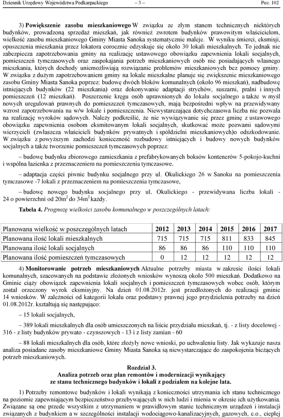 zasobu mieszkaniowego Gminy Miasta Sanoka systematycznie maleje. W wyniku śmierci, eksmisji, opuszczenia mieszkania przez lokatora corocznie odzyskuje się około 30 lokali mieszkalnych.