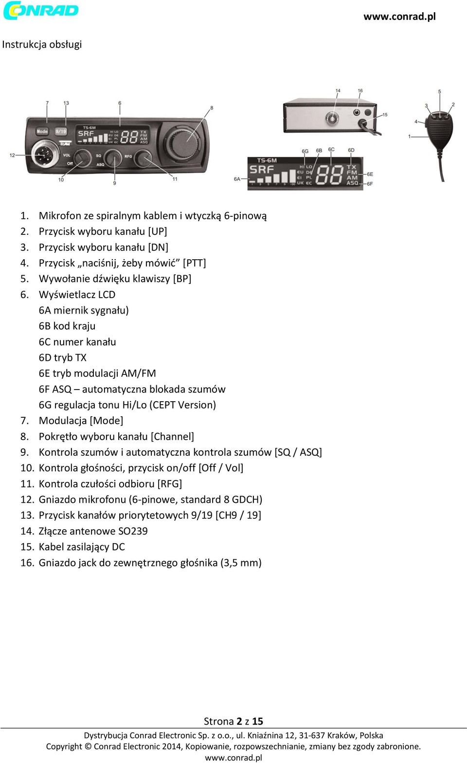 Wyświetlacz LCD 6A miernik sygnału) 6B kod kraju 6C numer kanału 6D tryb TX 6E tryb modulacji AM/FM 6F ASQ automatyczna blokada szumów 6G regulacja tonu Hi/Lo (CEPT Version) 7. Modulacja [Mode] 8.