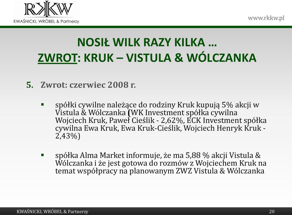 Cieślik - 2,62%, ECK Investment spółka cywilna Ewa Kruk, Ewa Kruk-Cieślik, Wojciech Henryk Kruk - 2,43%) spółka Alma Market