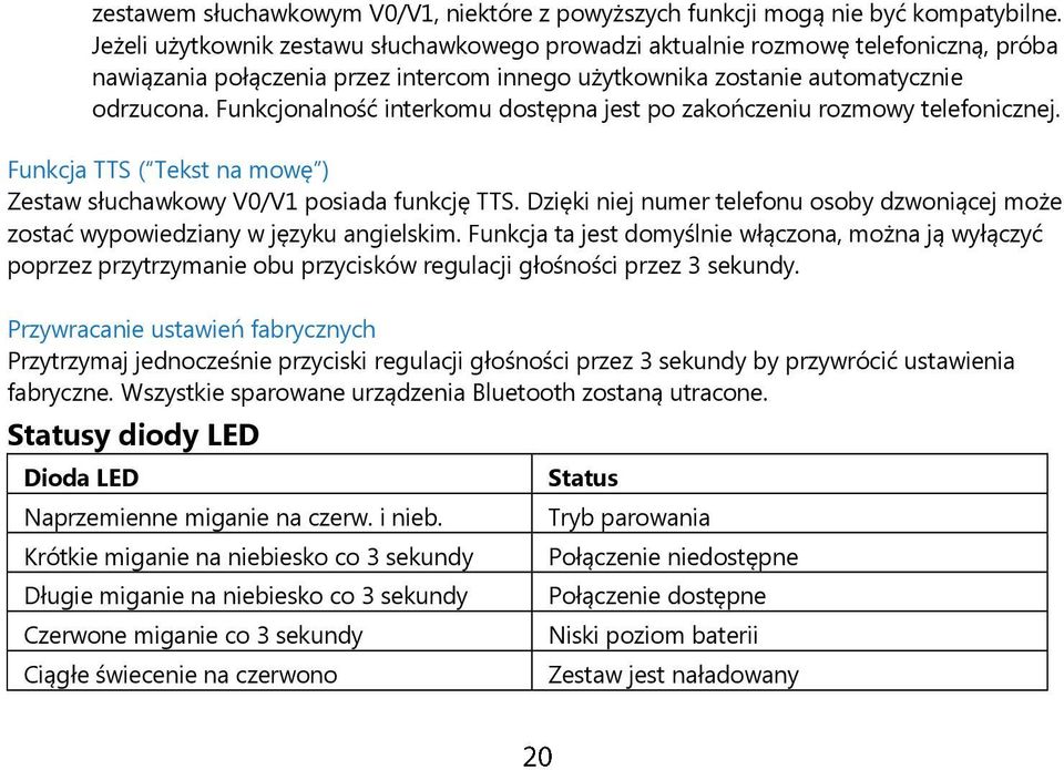 Funkcjonalność interkomu dostępna jest po zakończeniu rozmowy telefonicznej. Funkcja TTS ( Tekst na mowę ) Zestaw słuchawkowy V0/V1 posiada funkcję TTS.