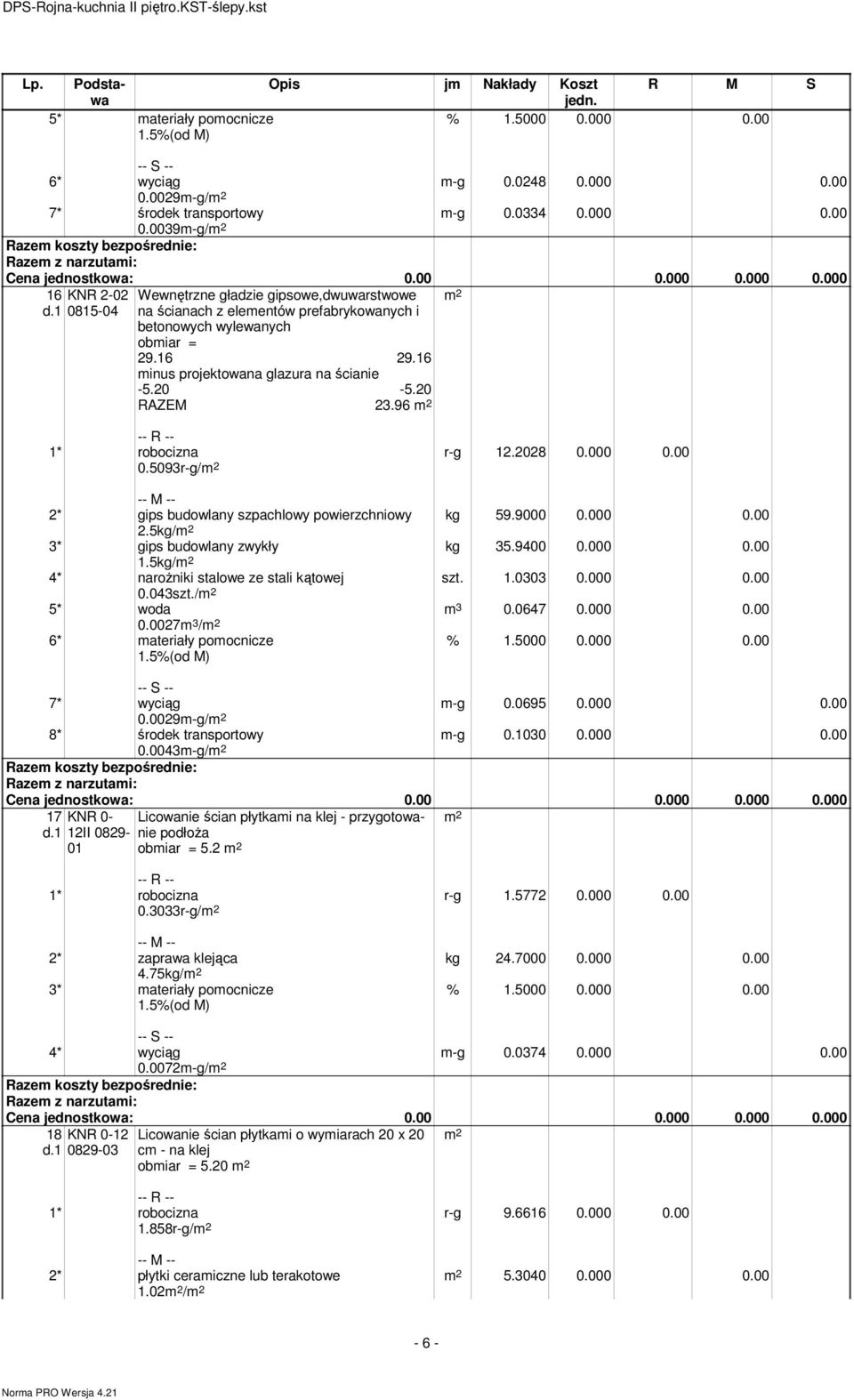 20-5.20 RAZEM 23.96 0.5093r-g/ r-g 12.2028 0.000 0.00 kg 59.9000 0.000 0.00 kg 35.9400 0.000 0.00 szt. 1.0303 0.000 0.00 m 3 0.0647 0.000 0.00 2* gips budowlany szpachlowy powierzchniowy 2.