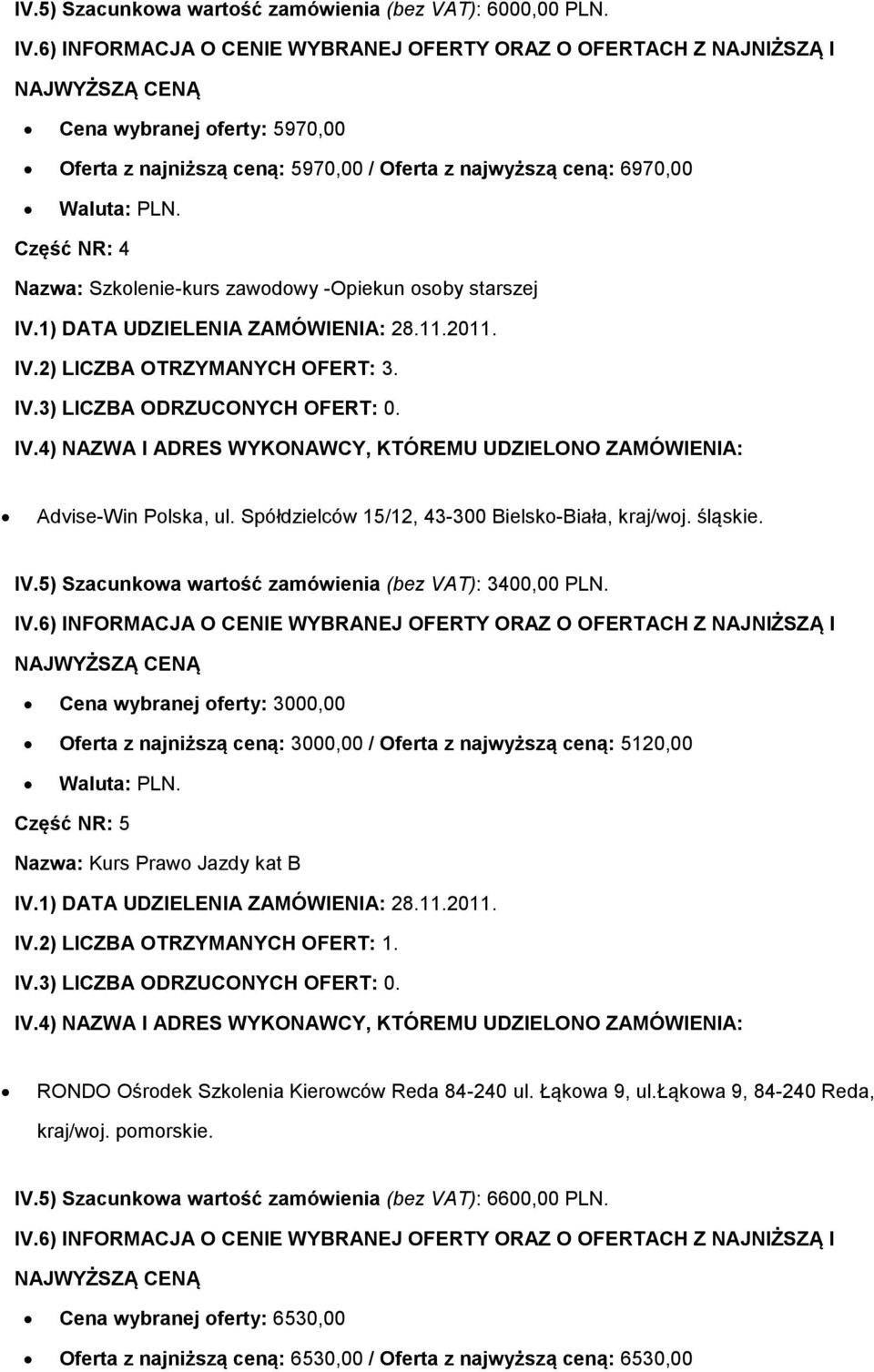 Advise-Win Polska, ul. Spółdzielców 15/12, 43-300 Bielsko-Biała, kraj/woj. śląskie. IV.5) Szacunkowa wartość zamówienia (bez VAT): 3400,00 PLN.